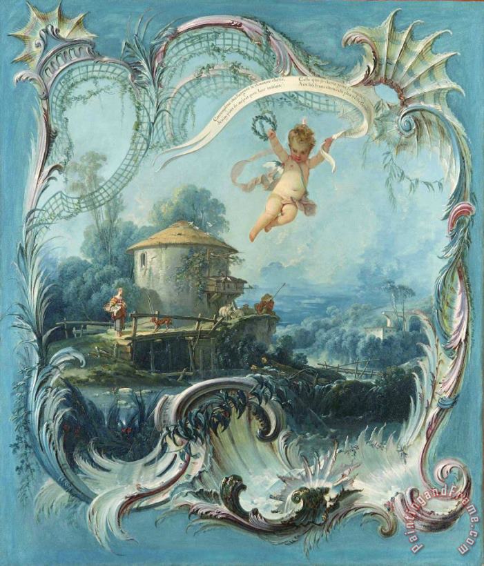 Francois Boucher The Enchanted Home a Pastoral Landscape Surmounted by Cupid Art Print