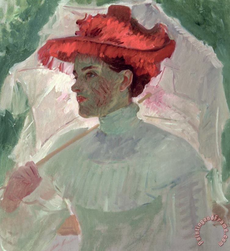Frank Duveneck Woman with Red Hat and Parasol Art Print