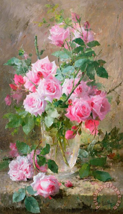 Still life of roses in a glass vase painting - Frans Mortelmans Still life of roses in a glass vase Art Print