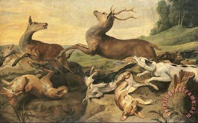 Dogs hunting deer in a landscape painting - Frans Snyders Dogs hunting deer in a landscape Art Print