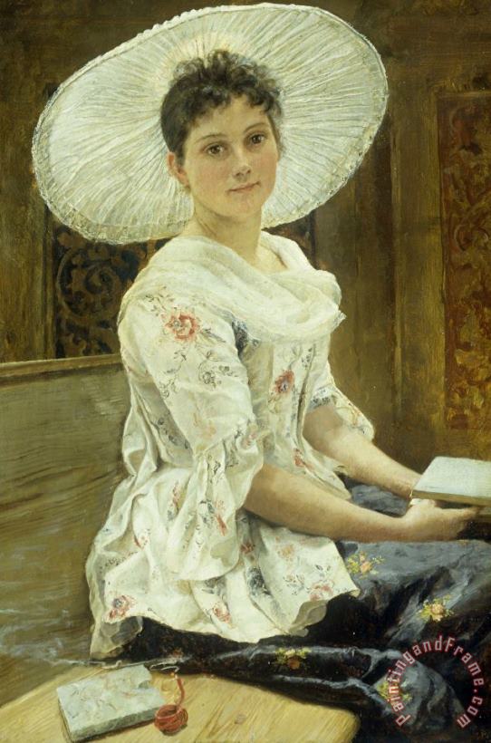 A Young Beauty in a White Hat painting - Franz Xaver Simm A Young Beauty in a White Hat Art Print