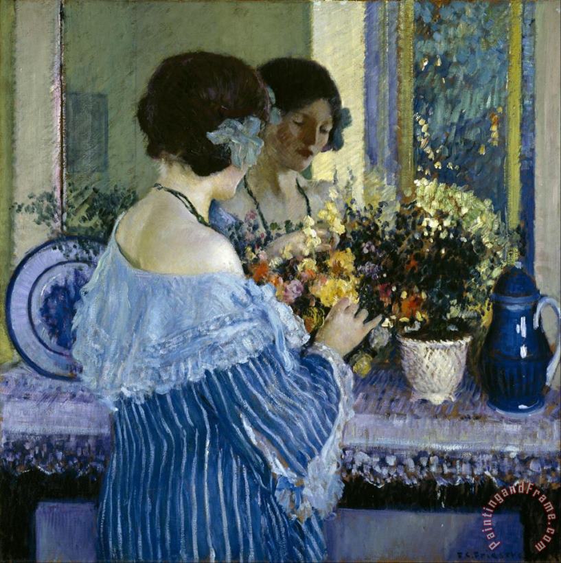 Girl in Blue Arranging Flowers painting - Frederick Carl Frieseke Girl in Blue Arranging Flowers Art Print