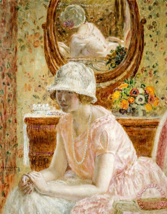 Frederick Carl Frieseke Young Girl Before a Mirror in a Pink Dress Art Painting
