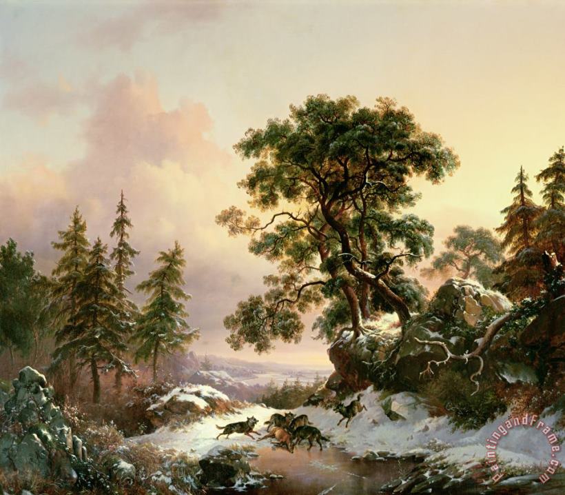 Frederick Marianus Kruseman Wolves in a Winter Landscape Art Print