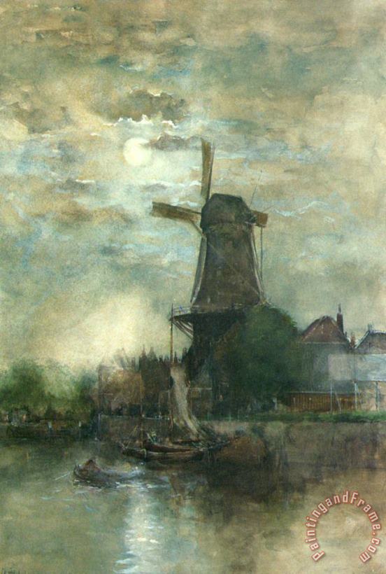 A Moonlit Windmill painting - Fredericus Jacobus Van Rossum Chattel A Moonlit Windmill Art Print