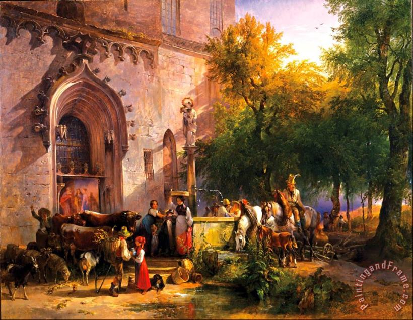 At The Monastery Fountain painting - Friedrich Gauermann At The Monastery Fountain Art Print