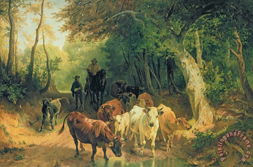 Friedrich Johann Voltz Cattle Watering In A Wooded Landscape Art Painting