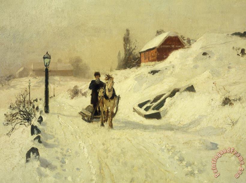 Fritz Thaulow A Horse Drawn Sleigh In A Winter Landscape Art Painting
