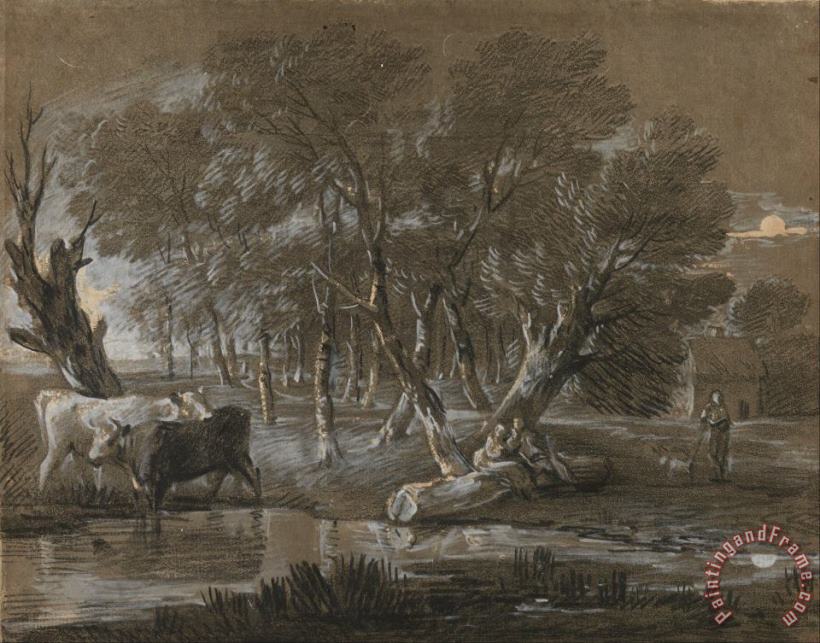 Gainsborough, Thomas A Moonlit Landscape with Cattle by a Pool Art Print