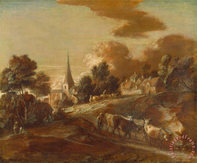 An Imaginary Wooded Village with Drovers And Cattle painting - Gainsborough, Thomas An Imaginary Wooded Village with Drovers And Cattle Art Print