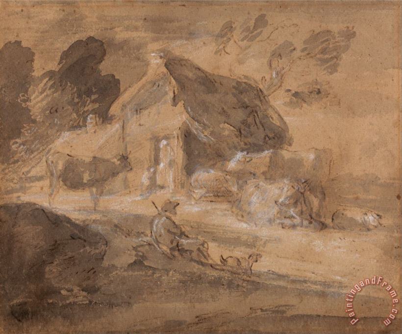Open Landscape with Figures, Cows And Cottage painting - Gainsborough, Thomas Open Landscape with Figures, Cows And Cottage Art Print