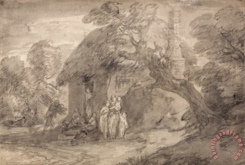 Wooded Landscape with Figures Outside a Cottage Door painting - Gainsborough, Thomas Wooded Landscape with Figures Outside a Cottage Door Art Print