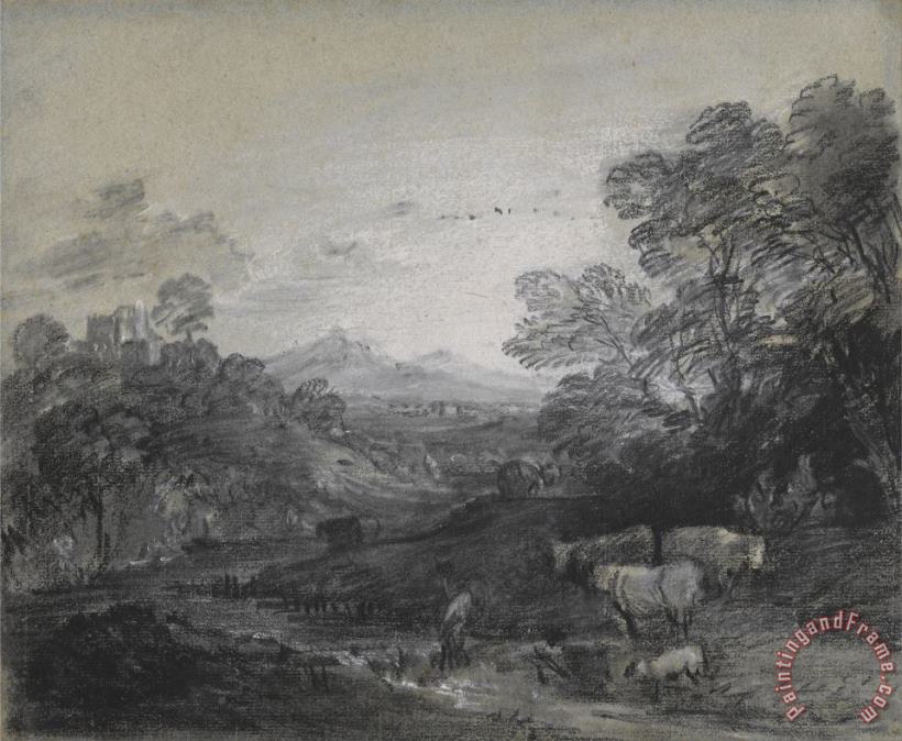 Gainsborough, Thomas Wooded Landscape with Herdsmen And Cattle, Buildings on a Hill, And Rustic Lovers Art Print