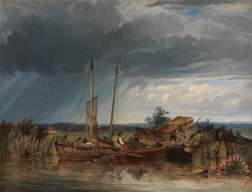 George Chambers Two Fishing Boats on The Banks of Inland Waters Art Painting