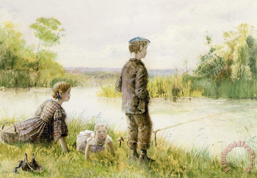 Children Fishing By A Stream painting - George Goodwin Kilburne Children Fishing By A Stream Art Print
