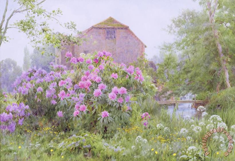 George Marks Rhododendrons by a watermill Art Painting
