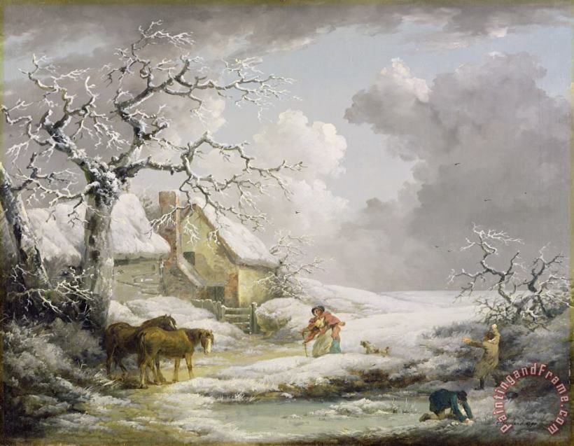 George Morland Winter Landscape with Men Snowballing an Old Woman Art Painting