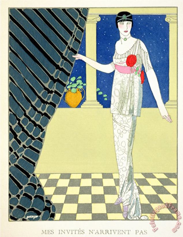 My Guests Have Not Arrived Illustration of a Woman in a Dress by Redfern painting - Georges Barbier My Guests Have Not Arrived Illustration of a Woman in a Dress by Redfern Art Print