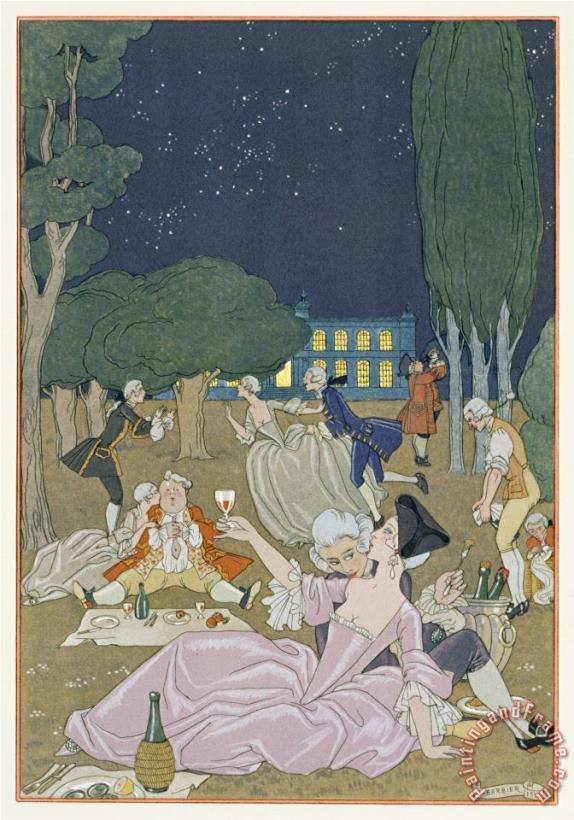 On The Lawn Illustration for Fetes Galantes by Paul Verlaine 1844 96 1923 Pochoir Print painting - Georges Barbier On The Lawn Illustration for Fetes Galantes by Paul Verlaine 1844 96 1923 Pochoir Print Art Print