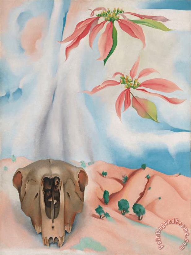 Mule's Skull with Pink Poinsettias, 1936 painting - Georgia O'keeffe Mule's Skull with Pink Poinsettias, 1936 Art Print