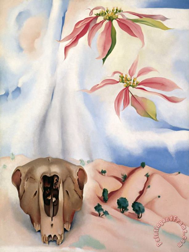 Georgia O'keeffe Mule S Skull with Pink Poinsettias Art Painting