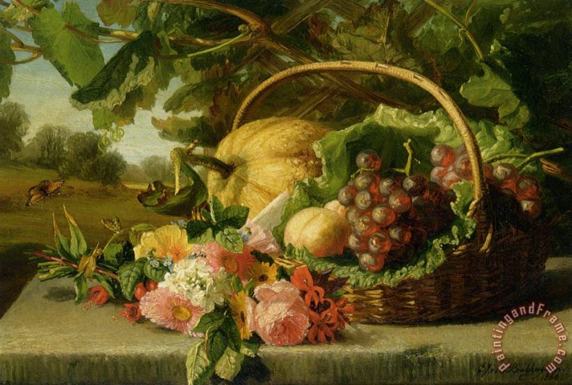 A Still Life with Flowers Grapes And a Melon painting - Geraldine Jacoba Van De Sande Bakhuyzen A Still Life with Flowers Grapes And a Melon Art Print