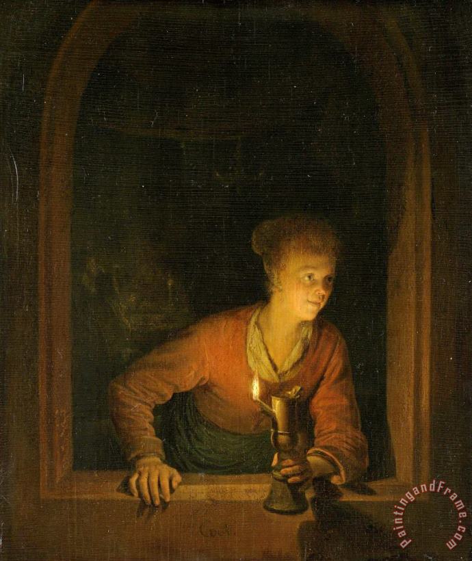Girl with an Oil Lamp at a Window painting - Gerard Dou Girl with an Oil Lamp at a Window Art Print