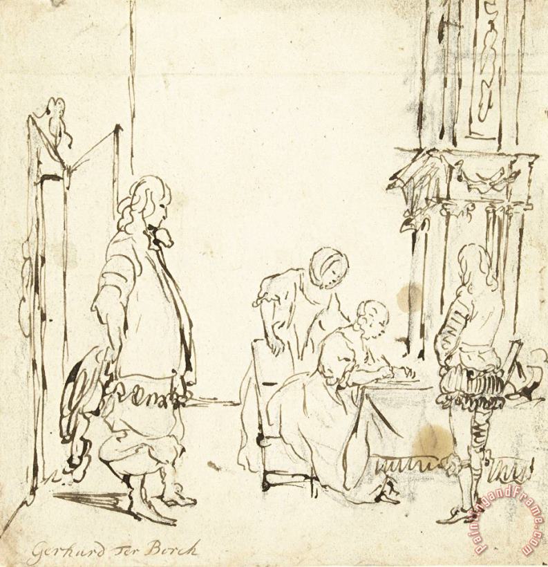Gerard ter Borch Interieur Met Een Briefschrijvende Vrouw, Een Wachtende Man En Twee Toeschouwers Art Painting