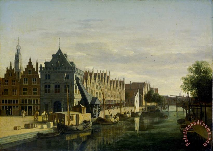 De Waag (weighing House) And Crane on The Spaarne, Haarlem painting - Gerrit Adriaensz. Berckheyde De Waag (weighing House) And Crane on The Spaarne, Haarlem Art Print