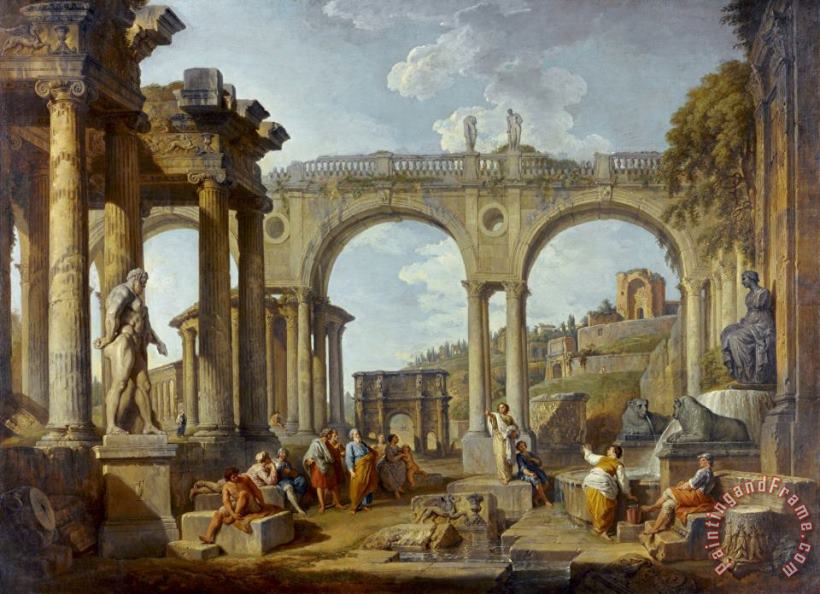 A Capriccio of Roman Ruins with The Arch of Constantine painting - Giovanni Paolo Panini A Capriccio of Roman Ruins with The Arch of Constantine Art Print