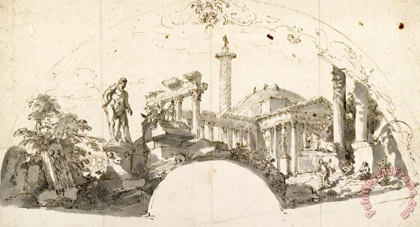 Design for a Fan Capriccio with Roman Ruins And The Farnese Hercules painting - Giovanni Paolo Panini Design for a Fan Capriccio with Roman Ruins And The Farnese Hercules Art Print