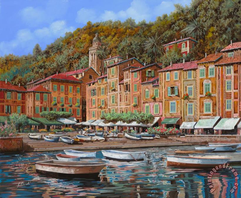 Portofino-La Piazzetta e le barche painting - Collection 7 Portofino-La Piazzetta e le barche Art Print