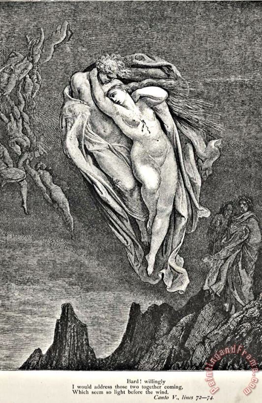 Gustave Dore Dante's Vision Of Hell Illustration Engraving Couple In Wind Art Print