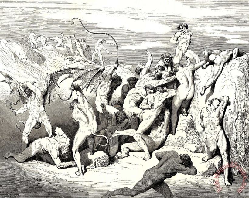 The Inferno, Canto 18, Line 38 Ah! How They Made Them Bound at The First Stripe! painting - Gustave Dore The Inferno, Canto 18, Line 38 Ah! How They Made Them Bound at The First Stripe! Art Print