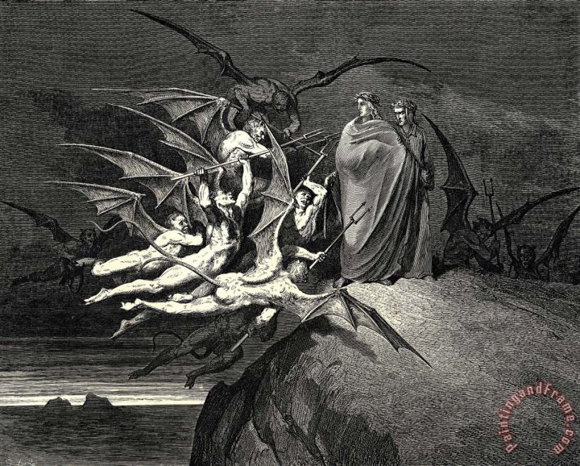 Gustave Dore The Inferno, Canto 21, Line 70 “be None of You Outrageous.” Art Painting