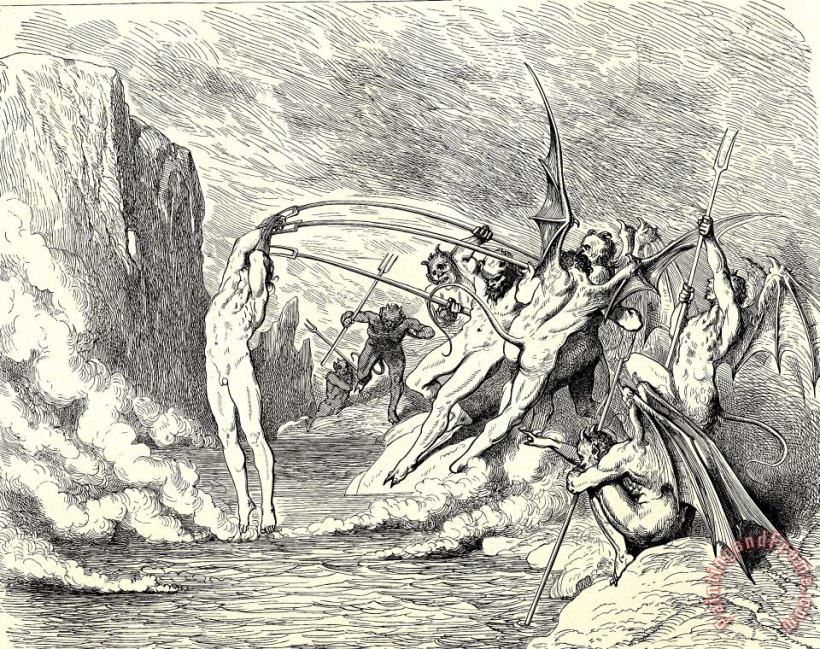 Gustave Dore The Inferno, Canto 21, Lines 5051 This Said, They Grappled Him with More Than Hundred Hooks Art Print