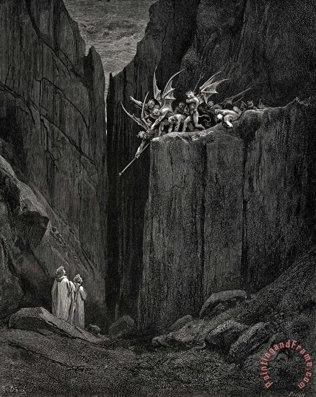 The Inferno, Canto 23, Lines 5254 Scarcely Had His Feet Reach’d to The Lowest of The Bed Beneath, When Over Us The Steep They Reach’d painting - Gustave Dore The Inferno, Canto 23, Lines 5254 Scarcely Had His Feet Reach’d to The Lowest of The Bed Beneath, When Over Us The Steep They Reach’d Art Print