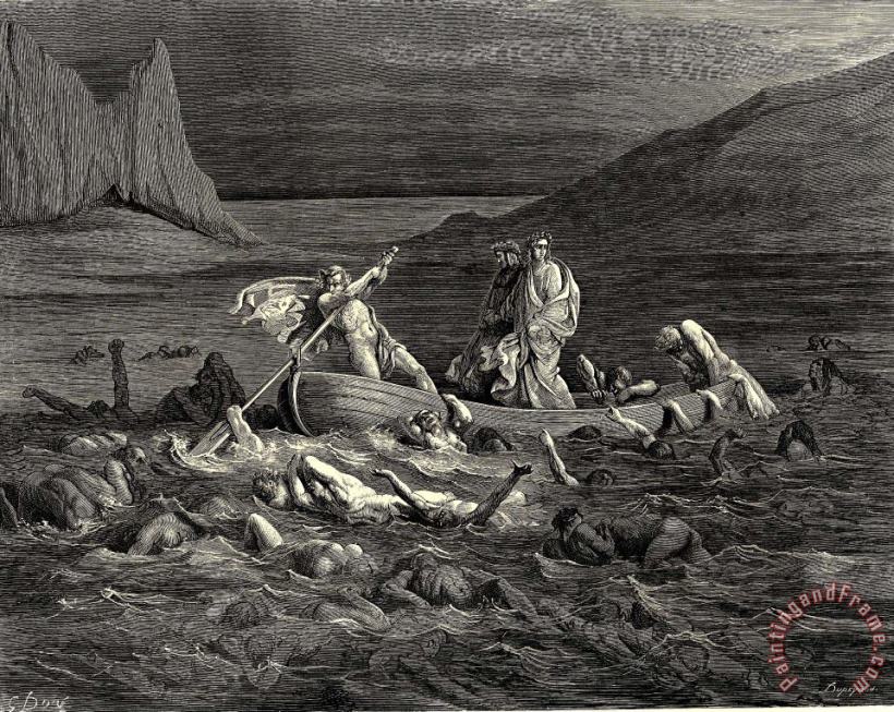 The Inferno, Canto 8, Lines 2729 Soon As Both Embark’d, Cutting The Waves, Goes on The Ancient Prow, More Deeply Than with Others It Is Wont. painting - Gustave Dore The Inferno, Canto 8, Lines 2729 Soon As Both Embark’d, Cutting The Waves, Goes on The Ancient Prow, More Deeply Than with Others It Is Wont. Art Print