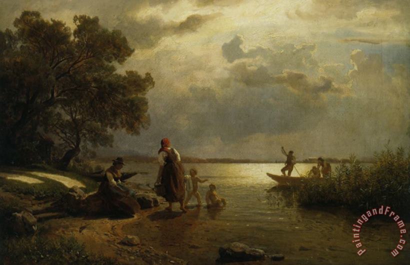 Mothers And Children on Lake Chiemsee painting - Hans Fredrik Gude Mothers And Children on Lake Chiemsee Art Print