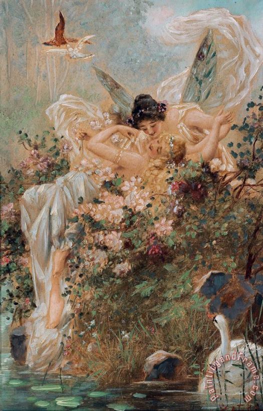 Two Fairies Embracing in a Landscape with a Swan Circa painting - Hans Zatzka Two Fairies Embracing in a Landscape with a Swan Circa Art Print