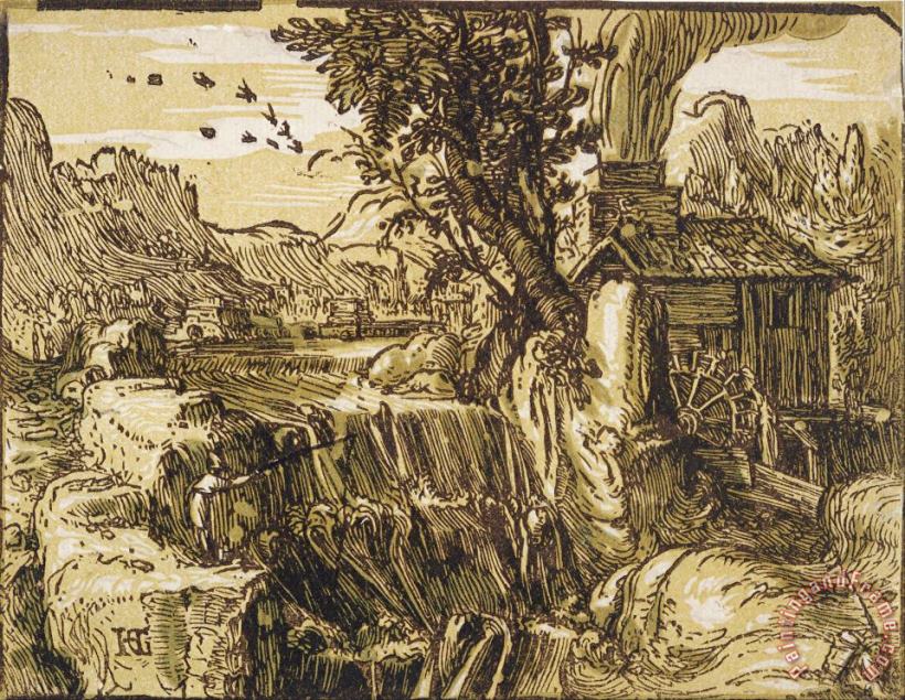 Hendrick Goltzius Landscape with a Waterfall Art Painting