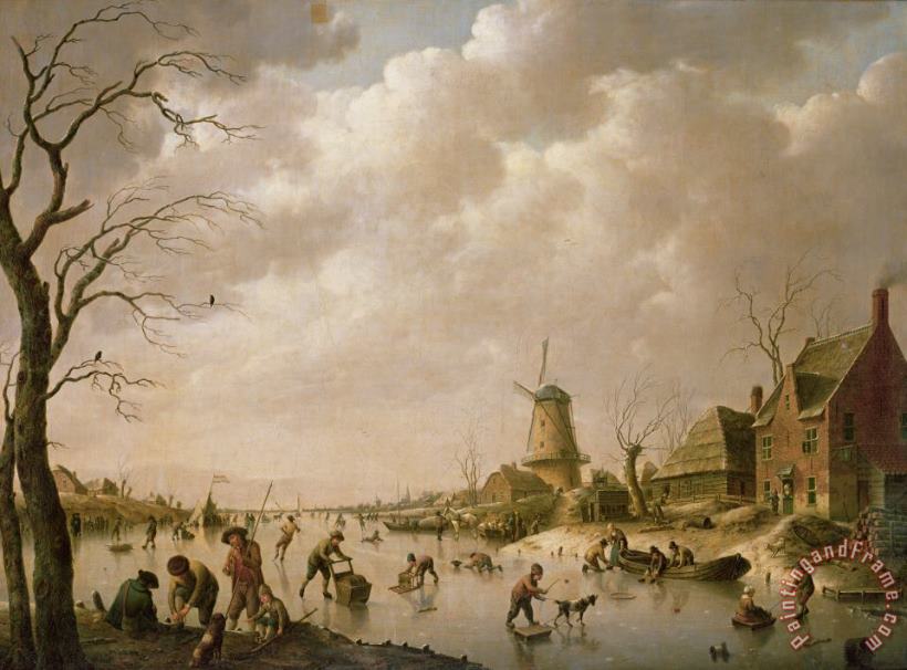 Skaters on a Frozen Canal painting - Hendrik Willem Schweickardt Skaters on a Frozen Canal Art Print