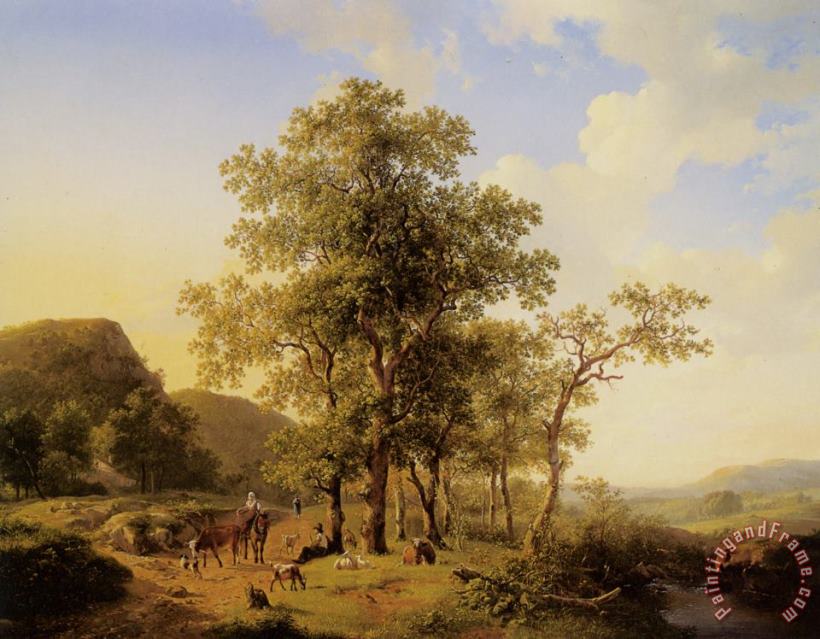 A Treelined River Landscape with Figures And Cattle an a Path painting - Hendrikus Van Den Sande Bakhuyzen A Treelined River Landscape with Figures And Cattle an a Path Art Print