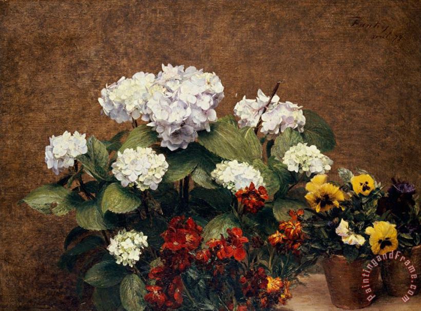 Henri Jean Fantin-Latour Hydrangeas and Wallflowers and Two Pots of Pansies Art Painting