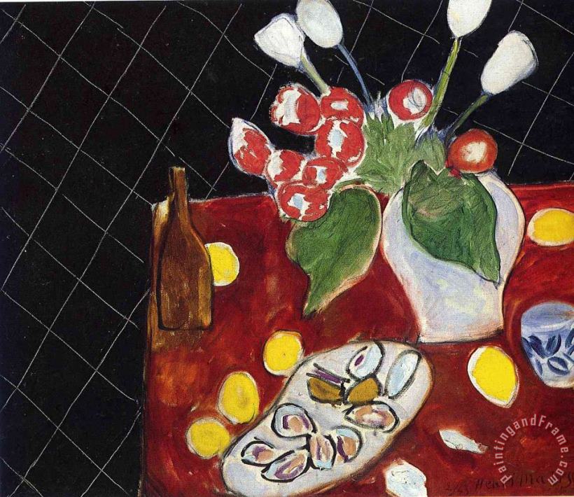 Tulips And Oysters on a Black Background 1943 painting - Henri Matisse Tulips And Oysters on a Black Background 1943 Art Print