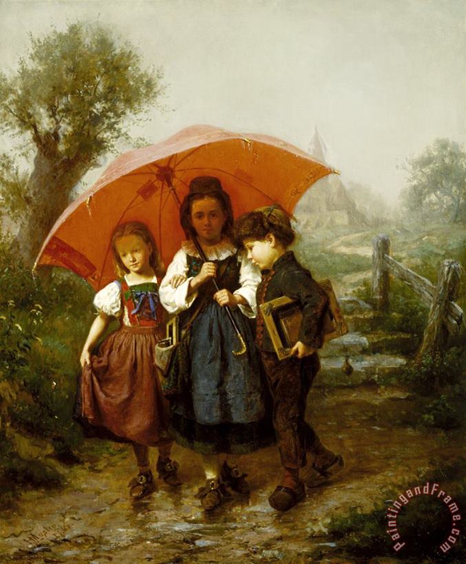 Children Under a Red Umbrella painting - Henry Mosler Children Under a Red Umbrella Art Print
