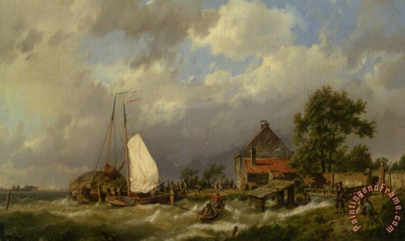Hermanus Koekkoek Snr Boats Docking in an Estuary Art Print