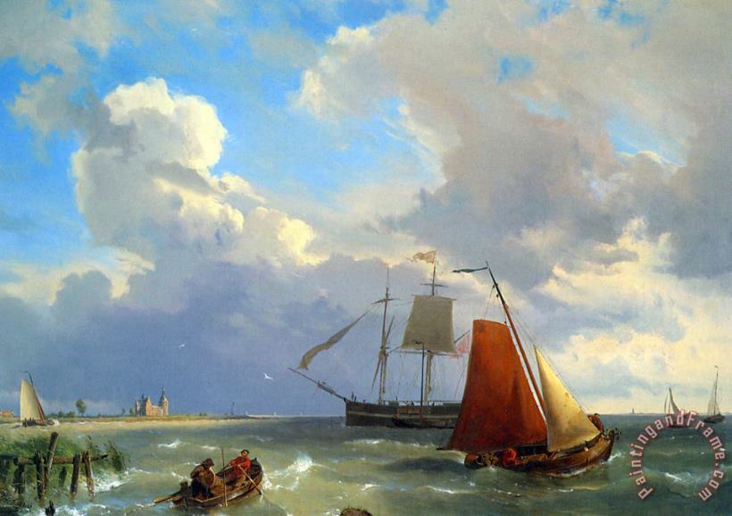 Hermanus Koekkoek Snr Shipping in a Choppy Estuary Art Painting