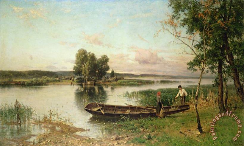 Hjalmar Munsterhjelm Fishermen Unloading Their Catch In A River Landscape Art Print