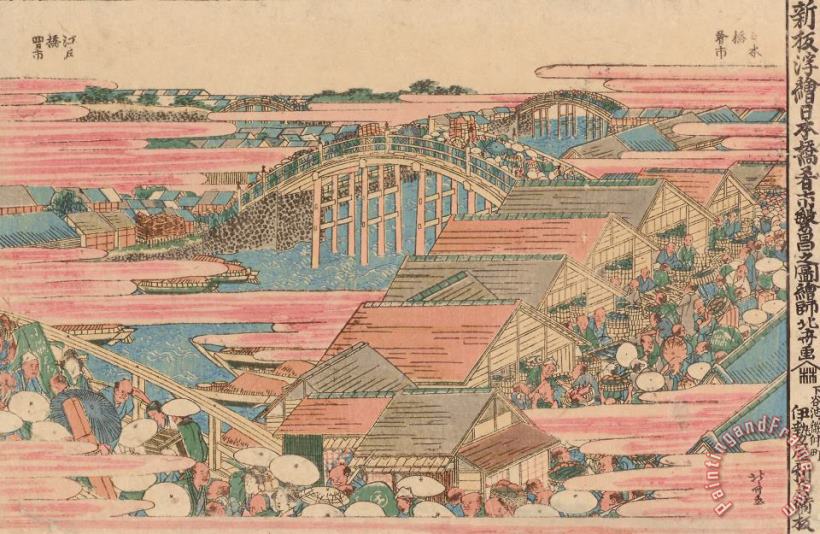 Hokusai Fish Market By River In Edo At Nihonbashi Bridge Art Print